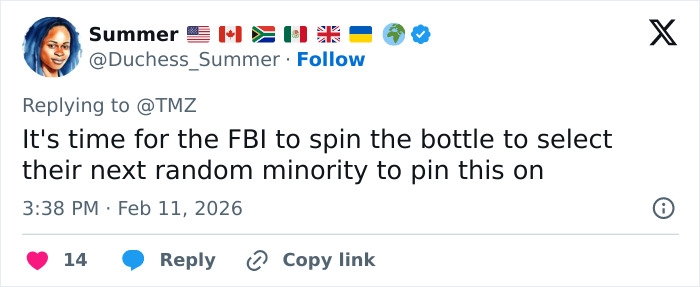 User Summer's tweet discussing FBI and minority targeting, posted February 11, 2026, on social media platform X.