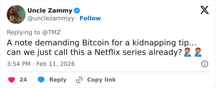 Tweet about a Bitcoin ransom demand linked to a kidnapping case, highlighting Bitcoin exchange and police control involvement.