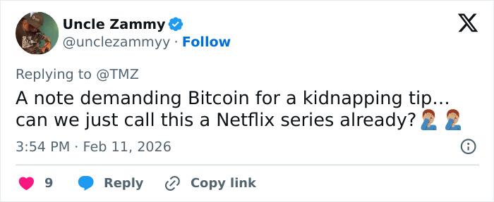 Tweet from Uncle Zammy discussing a Bitcoin ransom note related to a kidnapping tip on social media platform X.