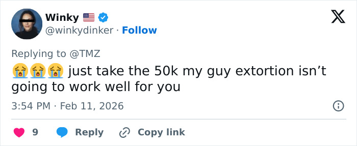 Screenshot of a social media reply mentioning a ransom note demanding 50k in bitcoin for payment.