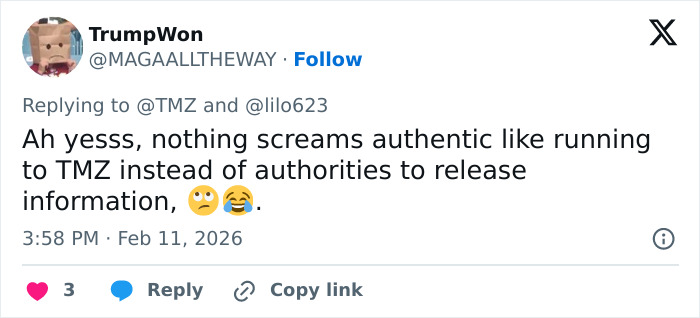 Tweet from user TrumpWon mocking someone for going to TMZ instead of authorities, related to ransom note bitcoin demand discussion.