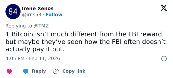 Tweet by user Irene Xenos discussing Bitcoin demand in a new Nancy Guthrie ransomware note referencing FBI payout issues.
