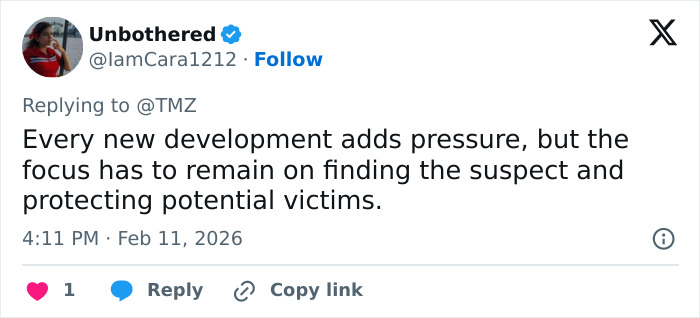 Tweet by user Unbothered discussing pressure on police and focus on finding suspect and protecting victims related to Bitcoin exchange case.
