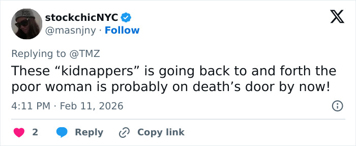 Tweet from user stockchicNYC expressing concern about a woman in a new Nancy Guthrie ransom note bitcoin demand situation