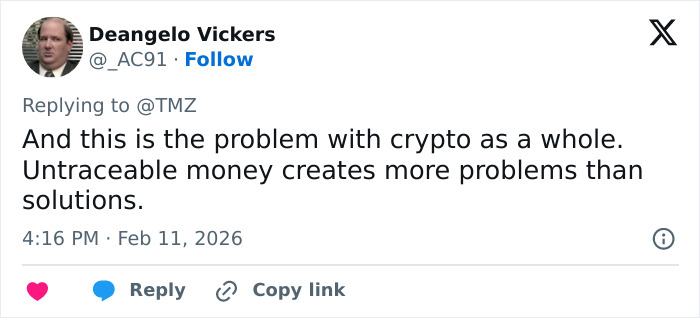 Tweet by Deangelo Vickers discussing issues with crypto and untraceable money creating more problems than solutions.