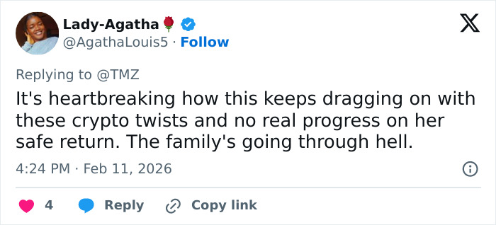 Screenshot of a tweet discussing crypto twists and police control in the Bitcoin exchange case involving Nancy Guthrie's kidnapper.