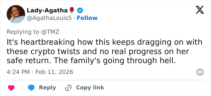 Tweet from Lady-Agatha expressing heartbreak over crypto twists and no progress on Nancy Guthrie&rsquo;s safe return amid ransom note bitcoin demand.