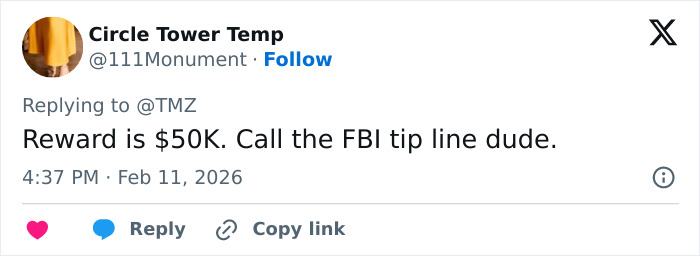Screenshot of a Twitter reply mentioning a $50K reward and FBI tip line related to a new Nancy Guthrie ransom note bitcoin demand.
