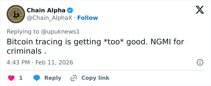 Tweet by crypto expert Chain Alpha discussing Bitcoin tracing advancements and its impact on police control over kidnappers.
