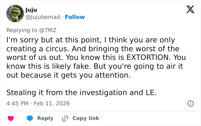 Tweet criticizing the spread of a likely fake ransom note demanding bitcoin amid an ongoing investigation.