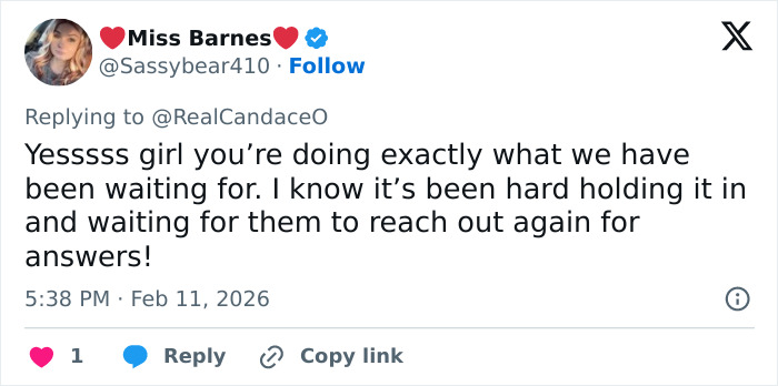 Tweet reply supporting Candace Owens, highlighting calls for police to question Erika Kirk in an online discussion.