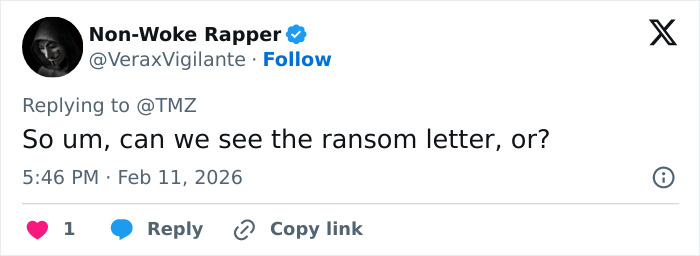 Tweet from Non-Woke Rapper questioning ransom letter details related to Bitcoin exchange and police investigation.