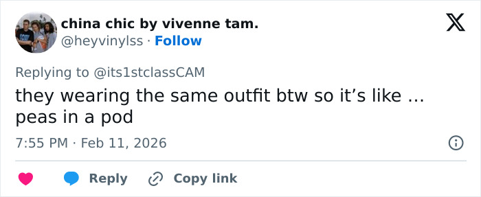 Tweet by china chic by vivienne tam mentioning matching outfits as a hilariously awkward fashion faux pas during court showdown.