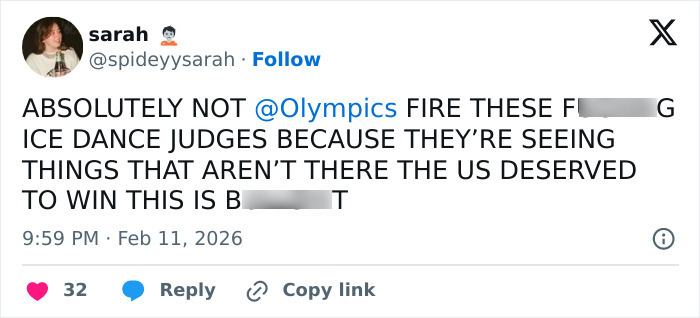 Tweet criticizing Olympic ice dance judges for conspicuous scores fueling cheating accusations after Olympian's admission.