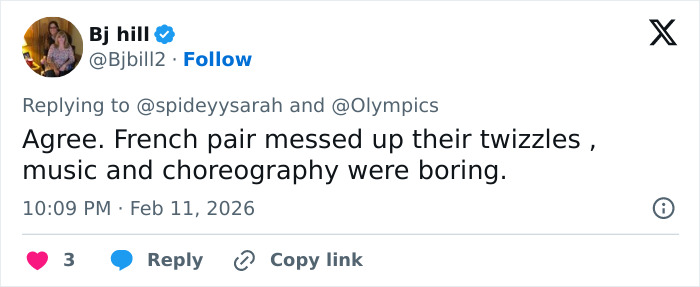 Tweet criticizing French pair's performance as boring, linking to Olympian's stunning admission amid cheating accusations and judge's scores.