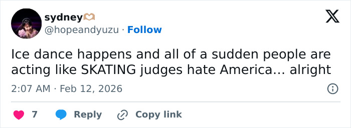 Tweet discussing ice dance and skating judges amid accusations, related to Olympian's admission after judge's conspicuous scores.