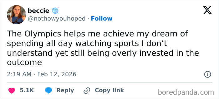 Tweet about the 2026 Winter Olympics humorously describing watching confusing sports while being emotionally invested.