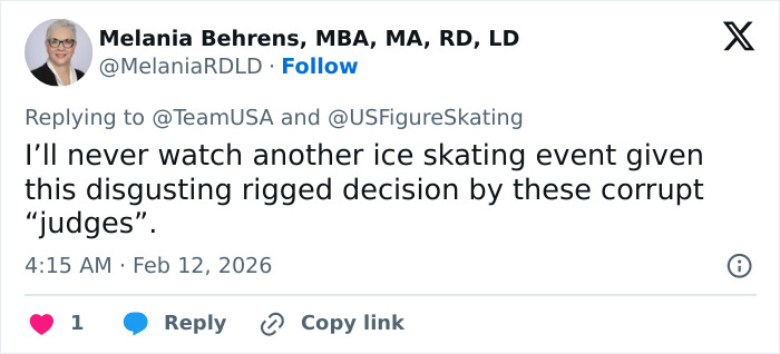 Tweet criticizing ice skating judges for rigged decisions amid cheating accusations in Olympian’s stunning admission controversy.