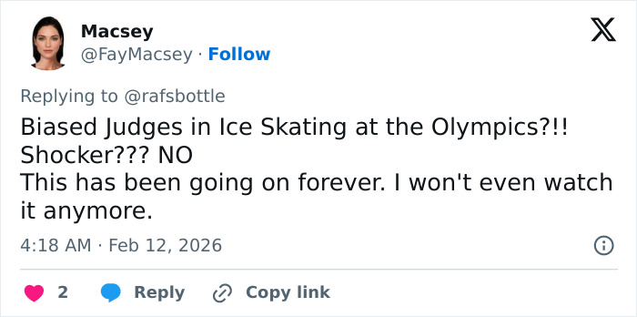 Screenshot of a tweet discussing biased judges and cheating accusations in Olympic ice skating events.