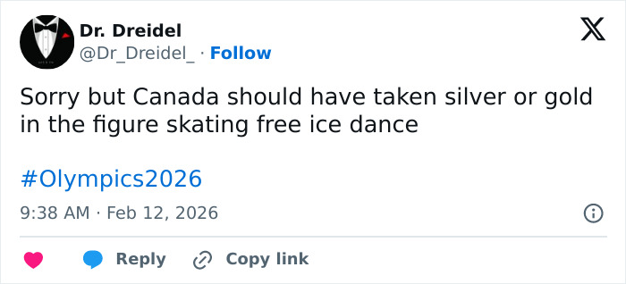Tweet discussing Olympian's figure skating scores igniting cheating accusations and judge's conspicuous scoring controversy.