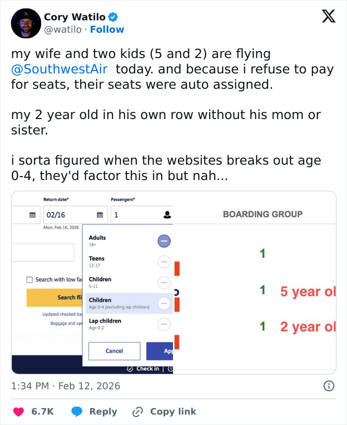 Tweet screenshot showing a father complaining about Southwest seating his toddler away from mom after refusing to pay extra for seats.