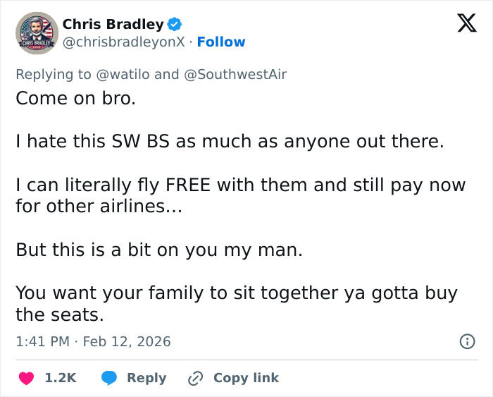 Screenshot of a tweet criticizing Southwest Airlines seating toddler away from mom after refusing to pay extra for seats.