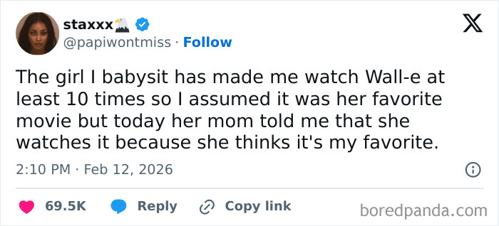 Screenshot of a chaotic and hilarious X post humorously describing a babysitting experience involving multiple viewings of Wall-e.