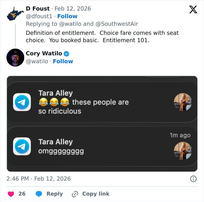 Twitter conversation criticizing Southwest Airlines for seating toddler away from mom after refusal to pay extra fare.