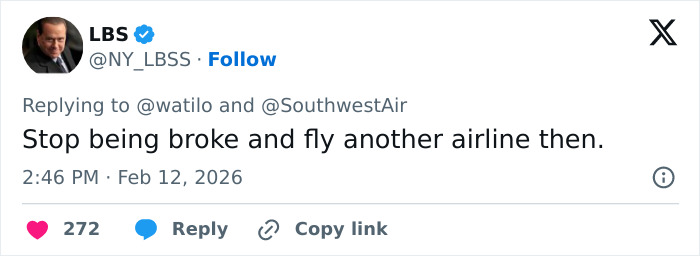 Screenshot of a Twitter reply criticizing Southwest Airlines for seating toddler away from mom after refusing to pay extra.