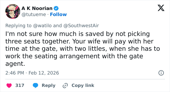 Tweet criticizing Southwest for seating toddler away from mom after refusing to pay extra, highlighting seating arrangement issues.