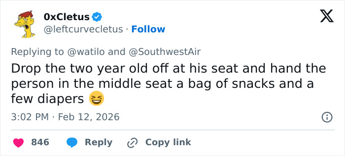 Screenshot of a tweet criticizing Southwest Airlines for seating a toddler away from mom after refusing extra payment.