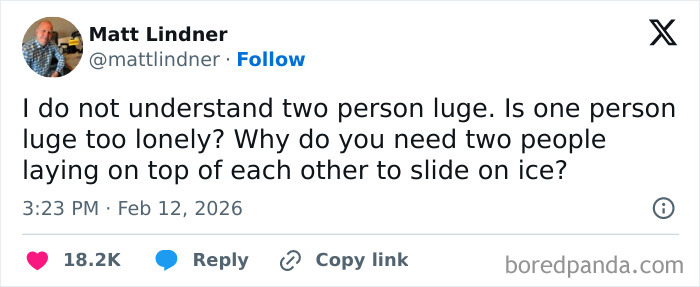 Tweet by Matt Lindner humorously questioning the two-person luge event at the 2026 Winter Olympics.