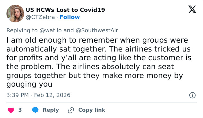Twitter user criticizing Southwest Airlines for seating toddler away from mom after refusing to pay extra, calling it cheap.