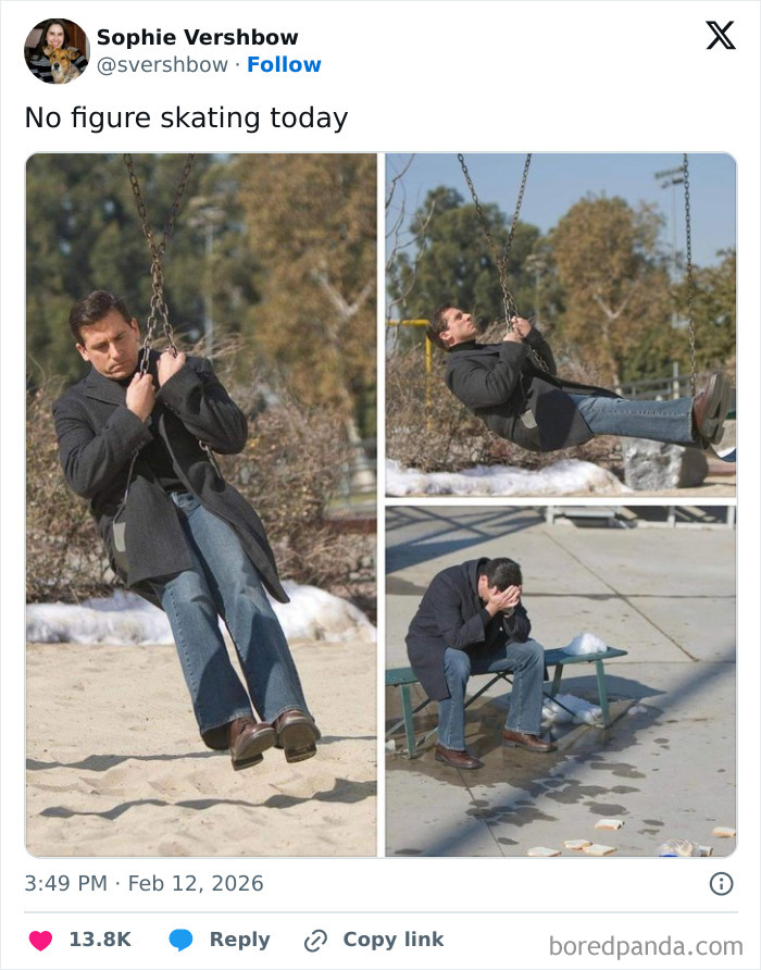 Man in coat and jeans on a swing set with snow around, illustrating a funny tweet about the 2026 Winter Olympics.