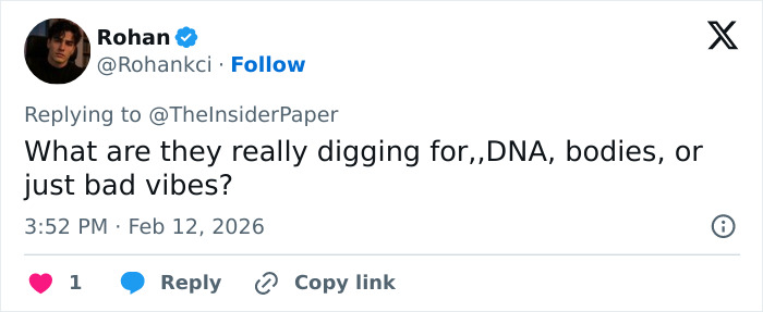 User comment questioning what forensics is digging for at Nancy Guthrie's home days after kidnapping, mentioning DNA and bodies.