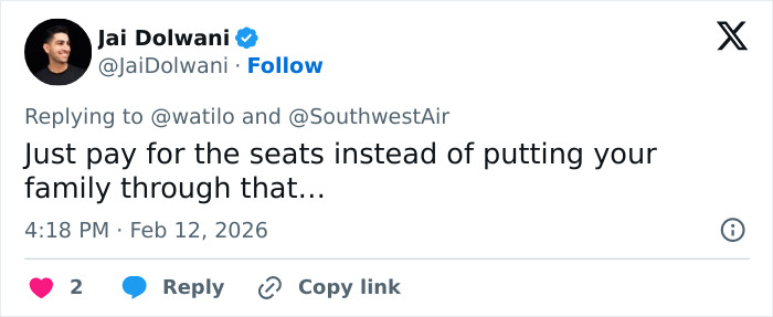 Tweet showing a user criticizing Southwest Airlines for seating toddler away from mom after refusing to pay extra.