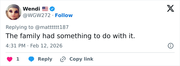 Tweet by user Wendi stating the family had something to do with it, related to forensics setting up a white tent at Nancy Guthrie's home.