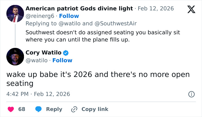 Screenshot of Twitter conversation about Southwest seating policy and toddler moved away from mom after refusing to pay extra fee.