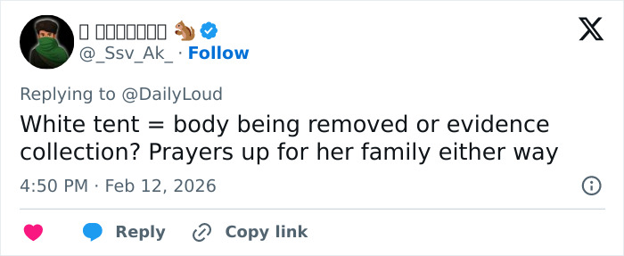 Social media post discussing forensics setting up white tent at Nancy Guthrie’s home after kidnapping incident.