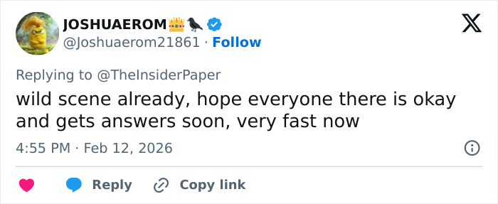 Screenshot of a tweet describing the urgent scene as forensics set up a white tent at Nancy Guthrie's home after kidnapping.