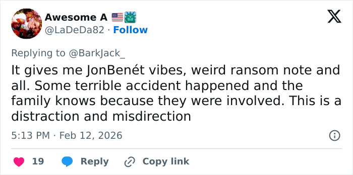 Tweet text discussing forensic white tent setup at Nancy Guthrie's home days after kidnapping, hinting at distraction and misdirection.