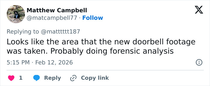 Screenshot of a Twitter reply mentioning forensic analysis near a location related to Nancy Guthrie's home after kidnapping.