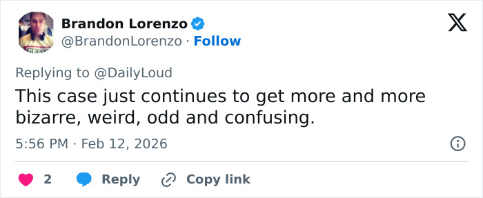 Tweet by Brandon Lorenzo commenting on a bizarre and confusing case related to forensics and a white tent setup.