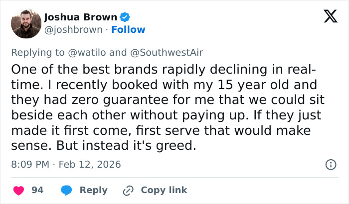 Tweet criticizing Southwest Airlines for seating policies, highlighting father&rsquo;s complaint about toddler separated from mom without extra payment.