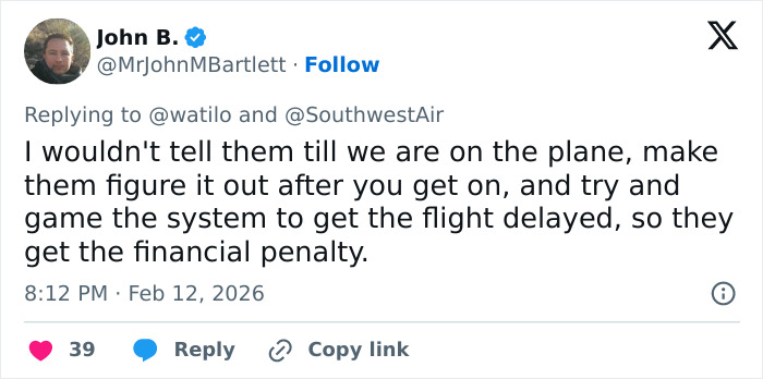 Tweet by John B criticizing Southwest for seating toddler away from mom after refusing to pay extra, discussing flight delay tactics.