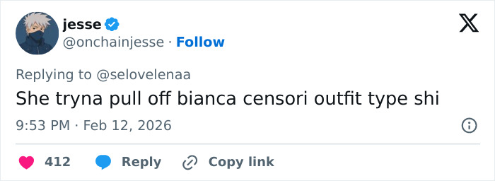 User tweet commenting on an outfit referencing lingerie style at a public event, posted on social media platform.