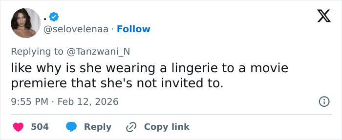 Tweet expressing backlash over wearing lingerie to a movie premiere Hailey Bieber attended uninvited.