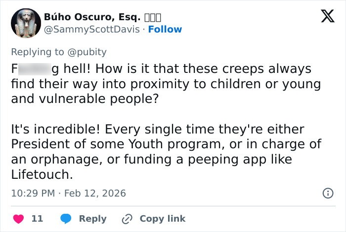 Tweet discussing concerns about creepy individuals gaining proximity to children, mentioning funding of a peeping app Lifetouch. Tweet discussing concerns about creepy individuals gaining proximity to children, mentioning funding of a peeping app Lifetouch.
