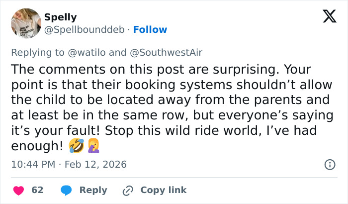Twitter user criticizes Southwest Airlines for seating toddler away from mom after refusing to pay extra fare.