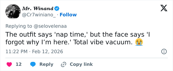 Tweet from Mr. Winand commenting on Hailey Bieber wearing lingerie, reacting to the outfit at Wuthering Heights premiere.